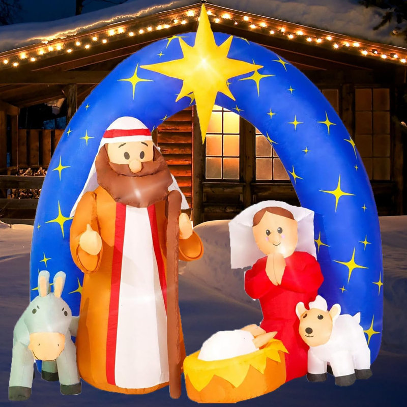 Darby Home Co Christmas Inflatable Nativity Scene Outdoor 7.5FT W Inflatable Christmas Decorations For The Yard Christmas Blow Up Decorations With Star Of Bethlehem Archway Blow Up Nativity Scene Outd...